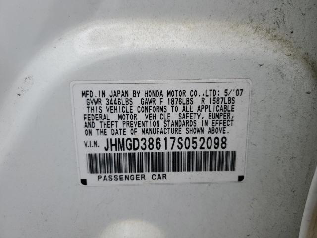 JHMGD38617S052098 - 2007 HONDA FIT S თეთრი ფოტო 12