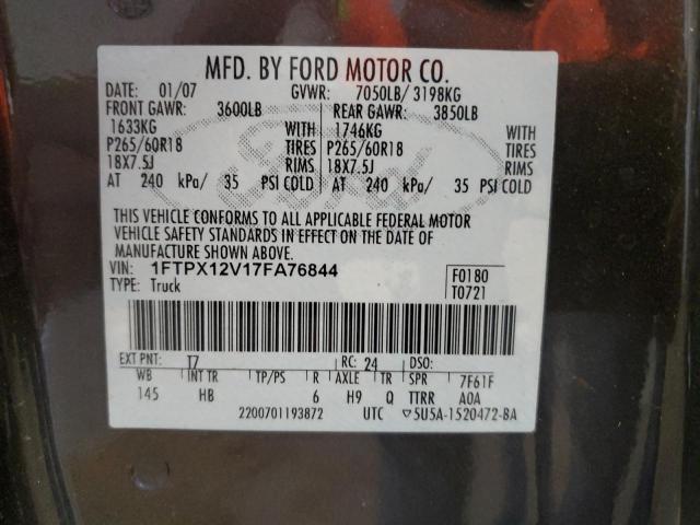 1FTPX12V17FA76844 - 2007 FORD F150 CHARCOAL photo 12