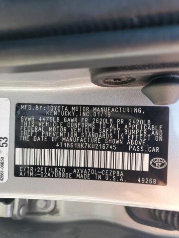 4T1B61HK7KU216745 - 2019 TOYOTA CAMRY XSE SILVER photo 12