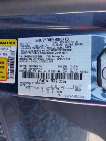 3FA6P0MU2KR212586 - 2019 FORD FUSION SEL BLUE photo 12