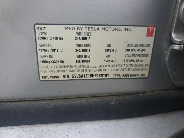 5YJSA1E16HF180191 - 2017 TESLA MODEL S SILVER photo 13