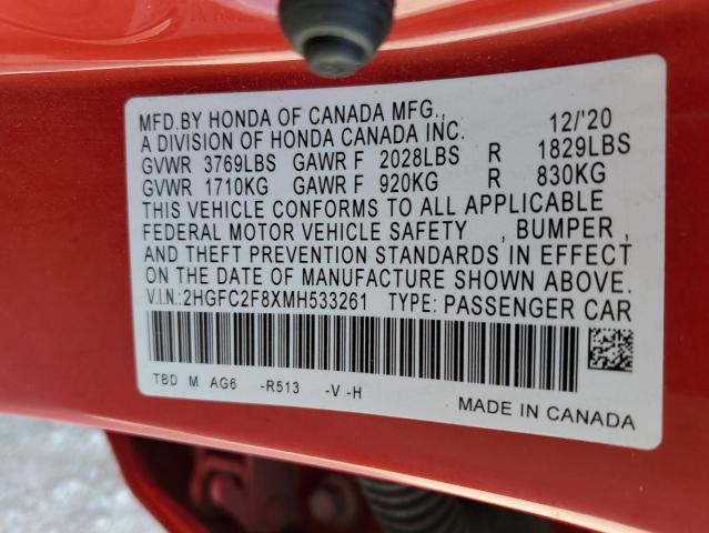 2HGFC2F8XMH533261 - 2021 HONDA CIVIC SPORT 红色 照片 12