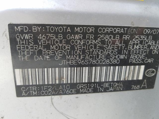 JTHBE96S780028380 - 2008 LEXUS GS 350 SILVER photo 10