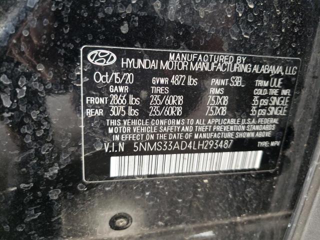 5NMS33AD4LH293487 - 2020 HYUNDAI SANTA FE SEL BLACK photo 13