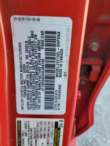 2T1KR32EX4C289196 - 2004 TOYOTA COROLLA MA XR RED photo 12