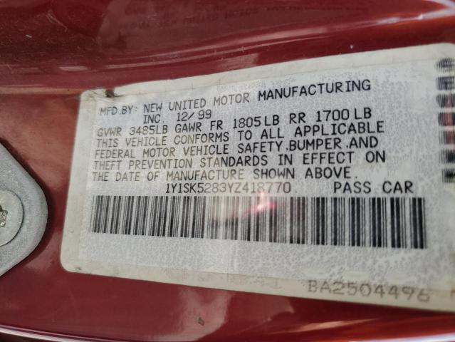 1Y1SK5283YZ418770 - 2000 CHEVROLET GEO PRIZM BASE RED photo 12