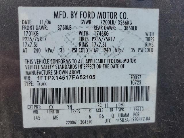 1FTPX14517FA52105 - 2007 FORD F150 GRAY photo 12