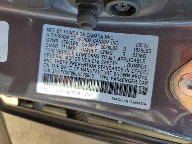 2HGFC2F86LH575800 - 2020 HONDA CIVIC SPORT 银色 照片 12