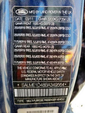 SALME1D48BA349564 - 2011 LAND ROVER RANGE ROVE HSE BLUE photo 13
