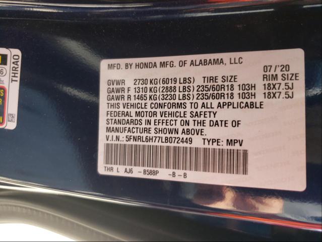 5FNRL6H77LB072449 - 2020 HONDA ODYSSEY EXL BLUE photo 10