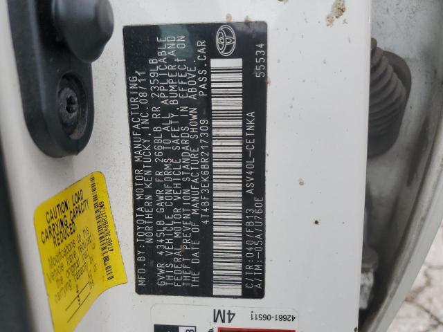 4T4BF3EK6BR217309 - 2011 TOYOTA CAMRY BASE WHITE photo 12