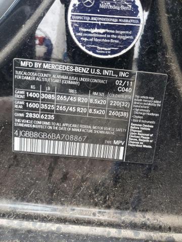 4JGBB8GB6BA708867 - 2011 MERCEDES-BENZ ML 350 4MATIC BLACK photo 12