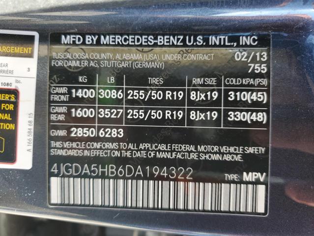 4JGDA5HB6DA194322 - 2013 MERCEDES-BENZ ML 350 4MATIC CHARCOAL photo 12