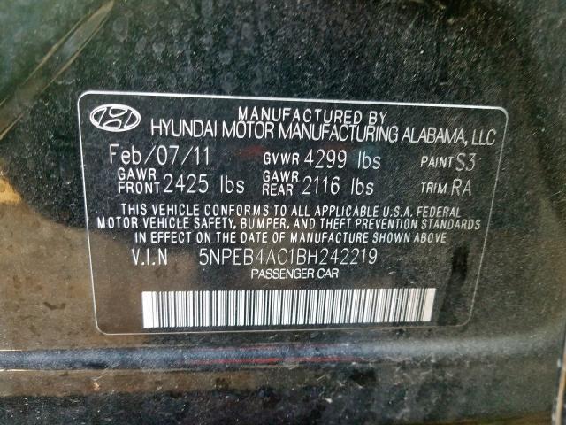 5NPEB4AC1BH242219 - 2011 HYUNDAI SONATA GLS  photo 10