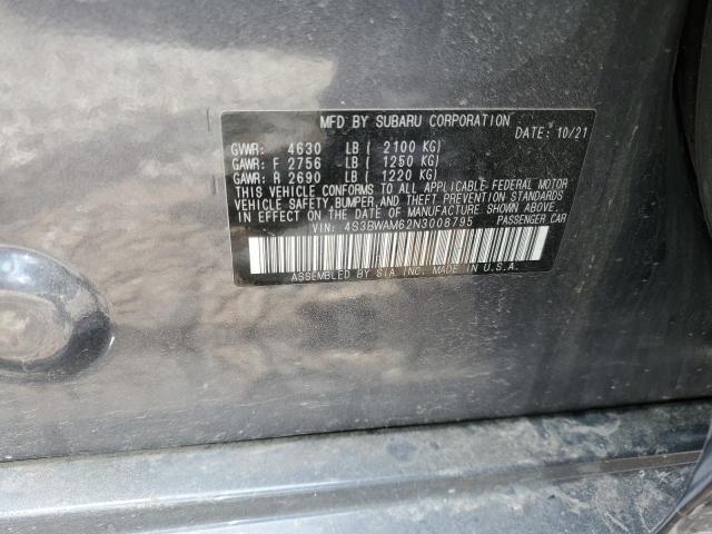 4S3BWAM62N3008795 - 2022 SUBARU LEGACY LIMITED GRAY photo 12