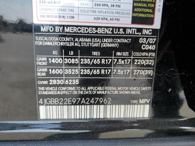 4JGBB22E97A247962 - 2007 MERCEDES-BENZ ML 320 CDI BLACK photo 12