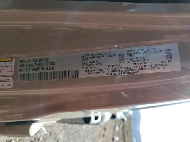 1C6HJTAG0NL174922 - 2022 JEEP GLADIATOR SPORT BEIGE photo 12