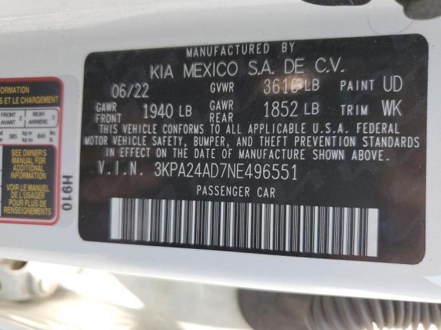 3KPA24AD7NE496551 - 2022 KIA RIO LX WHITE photo 12