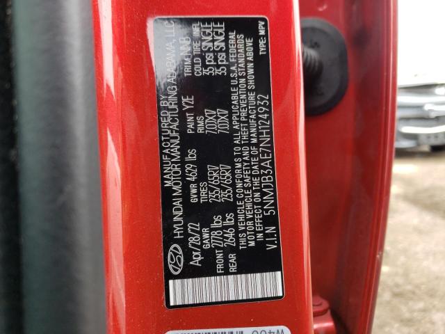 5NMJB3AE7NH124932 - 2022 HYUNDAI TUCSON SEL RED photo 12