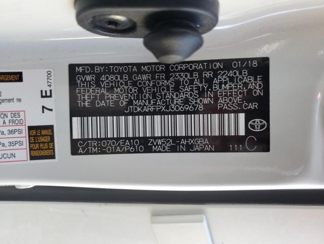 JTDKARFPXJ3069678 - 2018 TOYOTA PRIUS PRIM WHITE photo 12