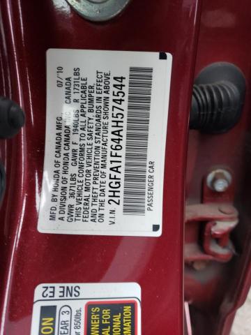 2HGFA1F64AH574544 - 2010 HONDA CIVIC LX-S წითელი ფოტო 12