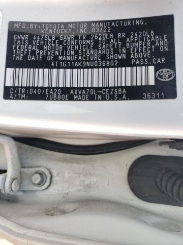 4T1G11AK9NU036802 - 2022 TOYOTA CAMRY SE WHITE photo 12