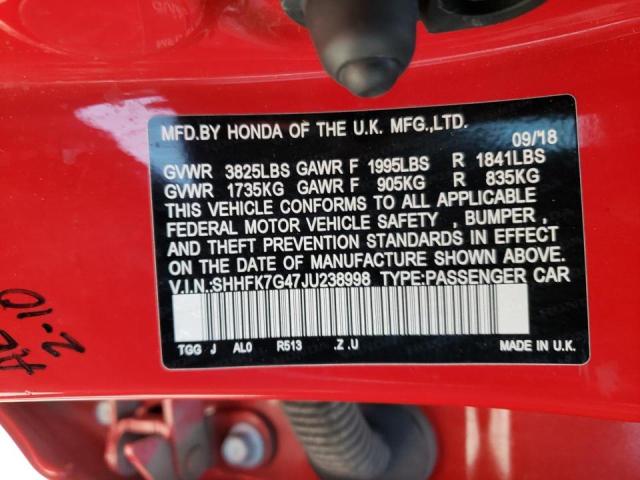 SHHFK7G47JU238998 - 2018 HONDA CIVIC SPORT 红色 照片 12