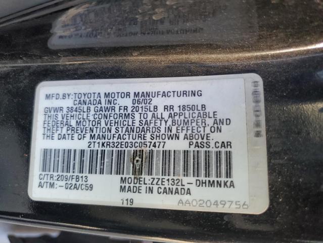 2T1KR32E03C057477 - 2003 TOYOTA COROLLA MA XR BLUE photo 12