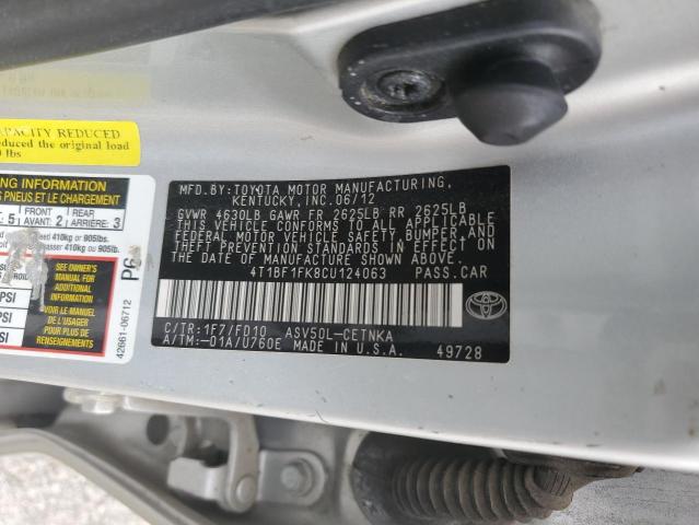 4T1BF1FK8CU124063 - 2012 TOYOTA CAMRY BASE SILVER photo 12