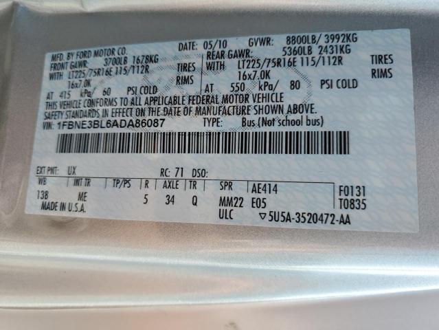 1FBNE3BL6ADA86087 - 2010 FORD E350 E350 SUPER DUTY WAGON SILVER photo 13