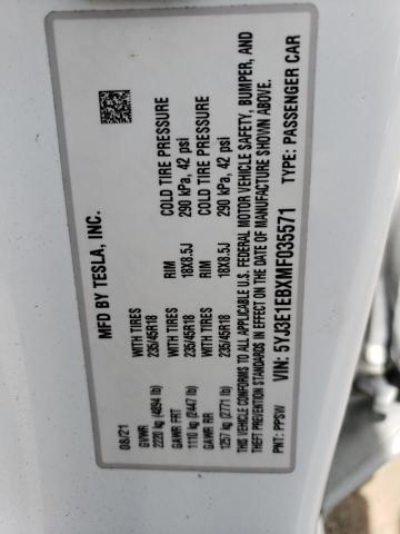 5YJ3E1EBXMF035571 - 2021 TESLA MODEL 3 Biały zdjęcie 12