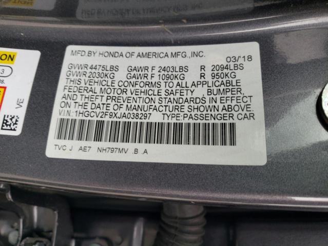 1HGCV2F9XJA038297 - 2018 HONDA ACCORD TOURING GRAY photo 12