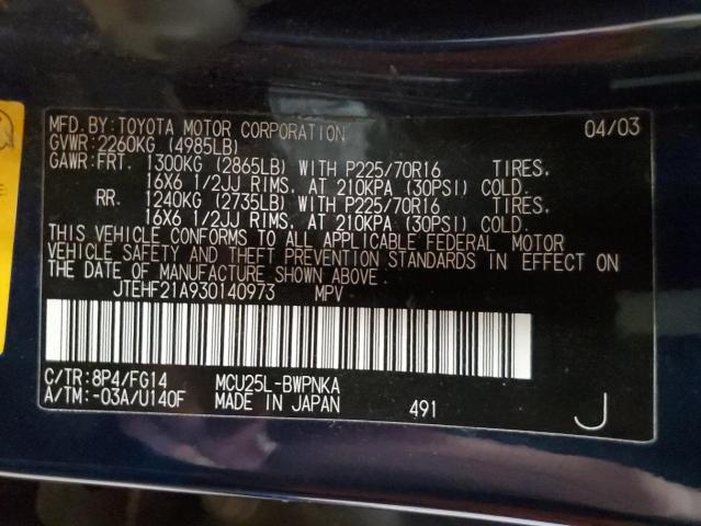 JTEHF21A930140973 - 2003 TOYOTA HIGHLANDER LIMITED BLUE photo 13