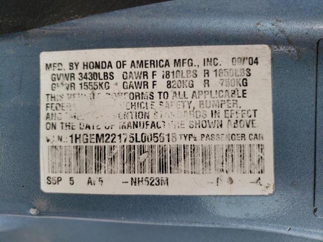 1HGEM22175L005618 - 2005 HONDA CIVIC DX VP BLUE photo 12