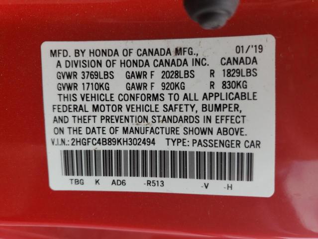 2HGFC4B89KH302494 - 2019 HONDA CIVIC SPORT 红色 照片 12