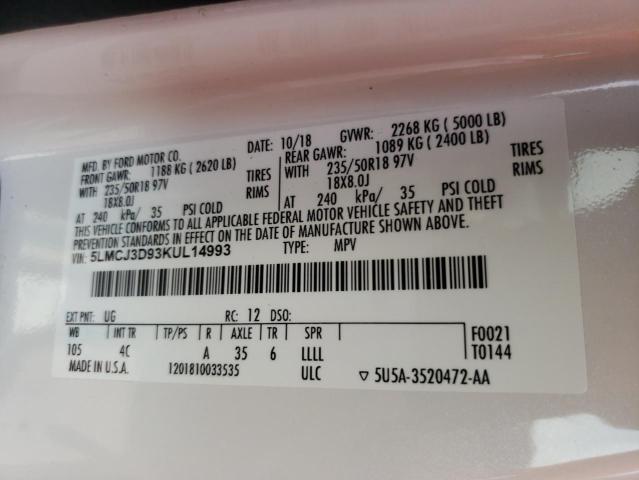 5LMCJ3D93KUL14993 - 2019 LINCOLN MKC RESERVE WHITE photo 12