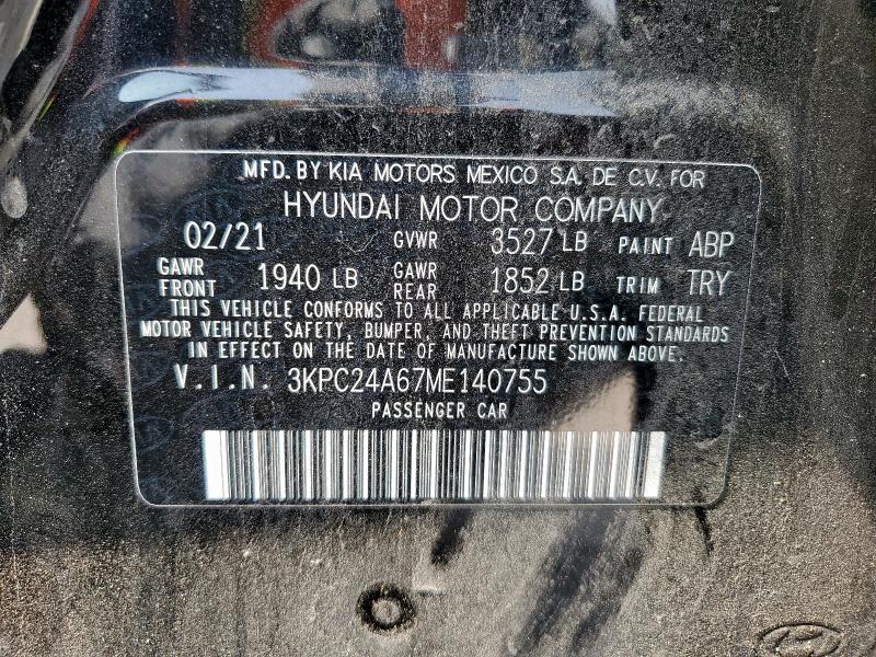 3KPC24A67ME140755 - 2021 HYUNDAI ACCENT SE 黑色 照片 12