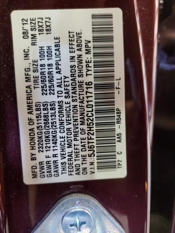 5J6TF2H52CL011716 - 2012 HONDA CROSSTOUR EXL ბურგუნდია ფოტო 12