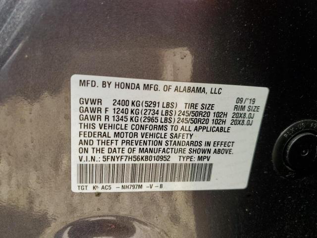 5FNYF7H56KB010952 - 2019 HONDA PASSPORT EXL رمادي صورة 13