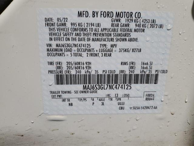 MAJ6S3GL7NC474125 - 2022 FORD ECOSPORT SE თეთრი ფოტო 13