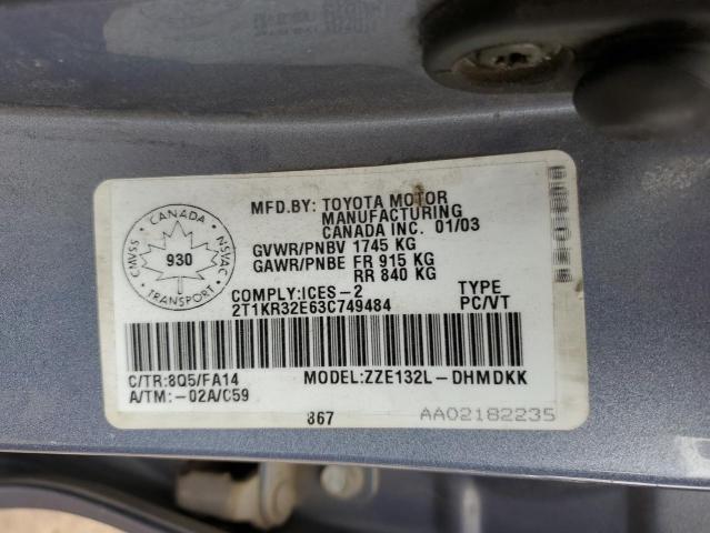 2T1KR32E63C749484 - 2003 TOYOTA MATRIX XR BLUE photo 12