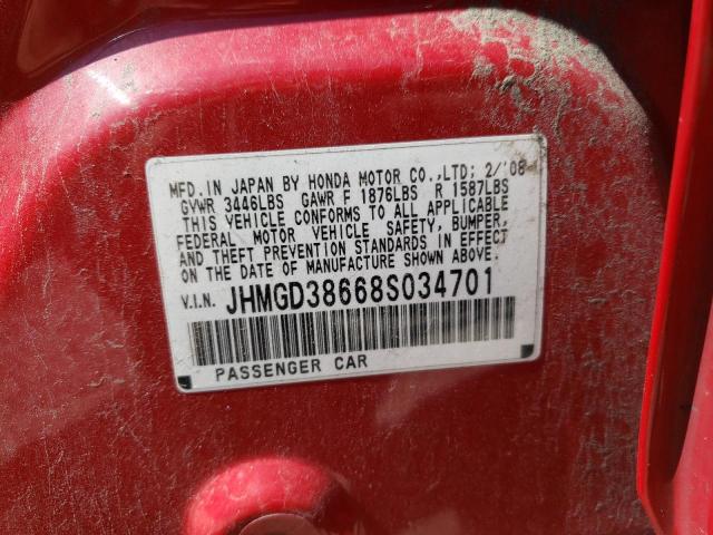 JHMGD38668S034701 - 2008 HONDA FIT SPORT RED photo 10