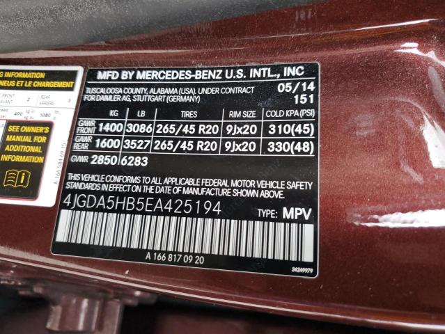 4JGDA5HB5EA425194 - 2014 MERCEDES-BENZ ML 350 4MATIC BURGUNDY photo 13