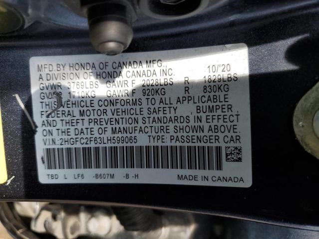 2HGFC2F63LH599065 - 2020 HONDA CIVIC LX BLUE photo 12