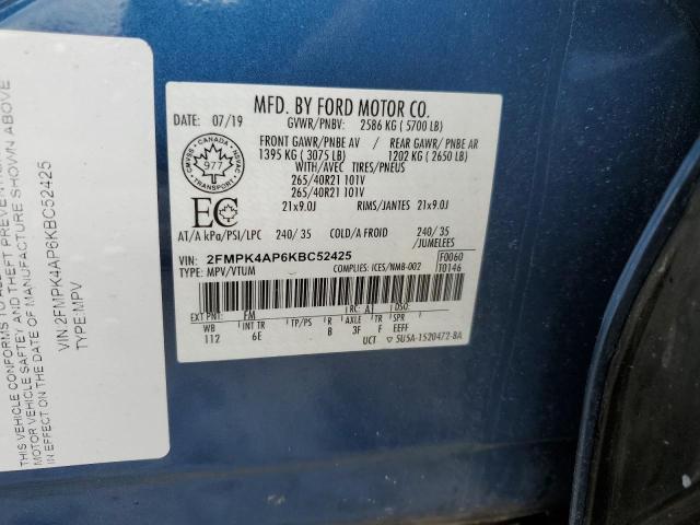 2FMPK4AP6KBC52425 - 2019 FORD EDGE ST BLUE photo 14