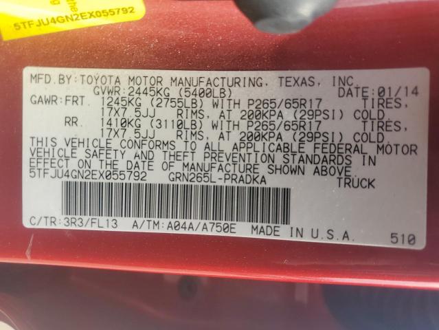5TFJU4GN2EX055792 - 2014 TOYOTA TACOMA DOUBLE CAB PRERUNNER RED photo 12
