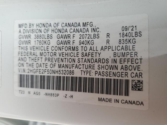 2HGFE2F50NH532086 - 2022 HONDA CIVIC SPORT WHITE photo 12