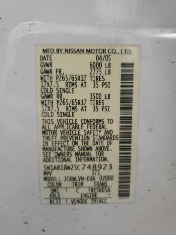 5N1AR18W25C748923 - 2005 NISSAN PATHFINDER LE WHITE photo 14
