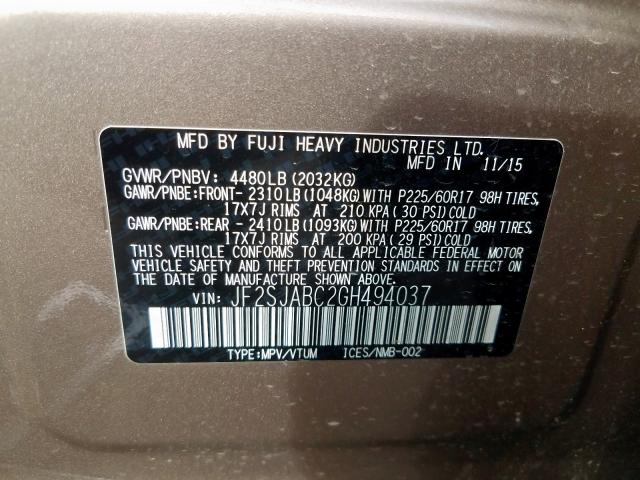 JF2SJABC2GH494037 - 2016 SUBARU FORESTER 2.5I  photo 10