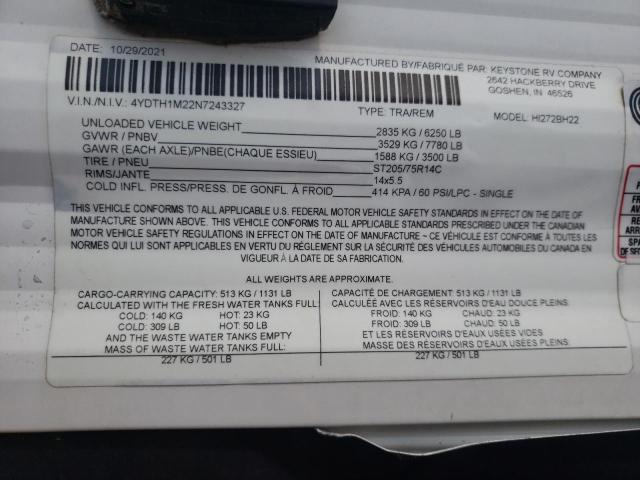 4YDTH1M22N7243327 - 2022 KEYSTONE TRAILER TWO TONE photo 10